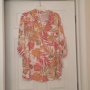 Nwt Emily Daniel's 3X Pullover Tropical Green Orange  Button V-neck Blouse